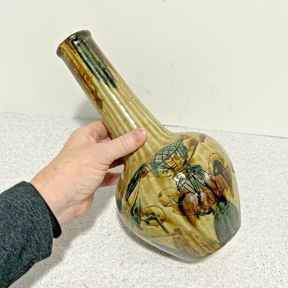 Vintage Mid Century Art Pottery Vase Drip Glaze Incised Brutalist Okinawa Japan - Picture 11 of 16